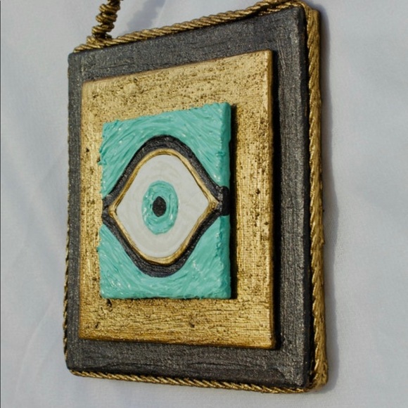 Evil Eye Painting Teal BlueShimmering Black Metallic Bronze Canvas Gold Rope - Picture 2 of 8